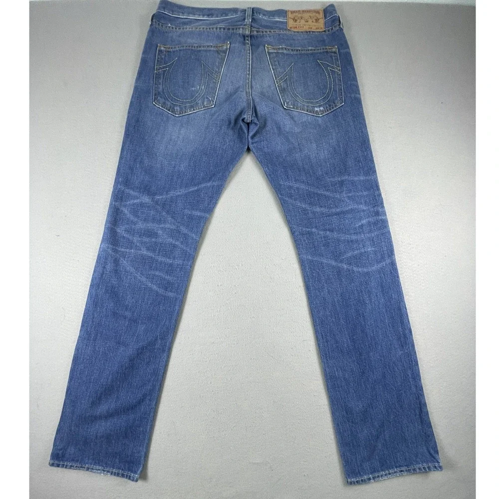 True Religion Jeans Mens 32 Blue Billy Straight Distressed Button Fly Made USA